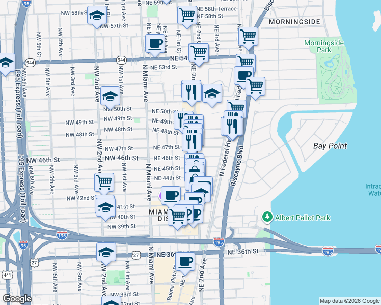 map of restaurants, bars, coffee shops, grocery stores, and more near 201 Northeast 46th Street in Miami