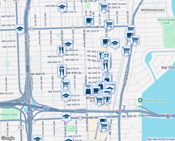 map of restaurants, bars, coffee shops, grocery stores, and more near in Miami