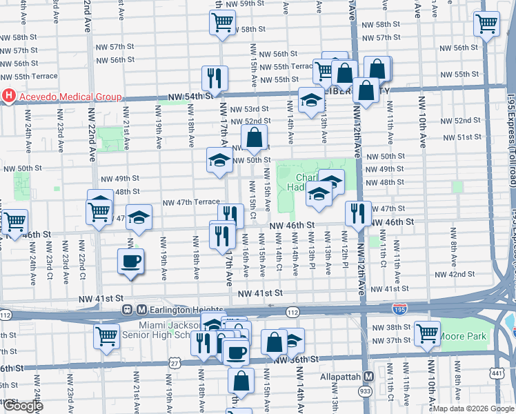 map of restaurants, bars, coffee shops, grocery stores, and more near 4656 Northwest 15th Court in Miami