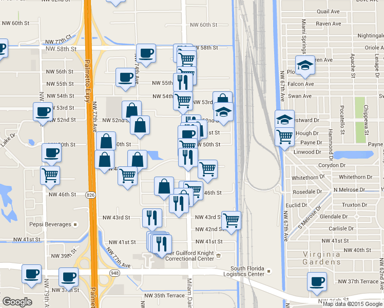map of restaurants, bars, coffee shops, grocery stores, and more near 4905 Northwest 72nd Avenue in Miami