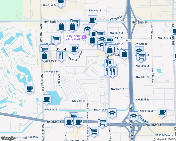 map of restaurants, bars, coffee shops, grocery stores, and more near 8100-8180 Geneva Court in Doral