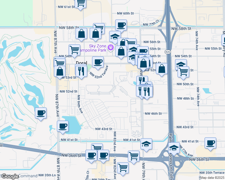 map of restaurants, bars, coffee shops, grocery stores, and more near 8100-8180 Geneva Court in Doral