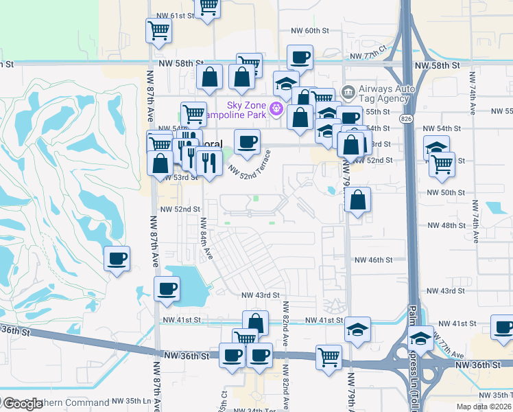 map of restaurants, bars, coffee shops, grocery stores, and more near 8255 Lake Drive in Doral