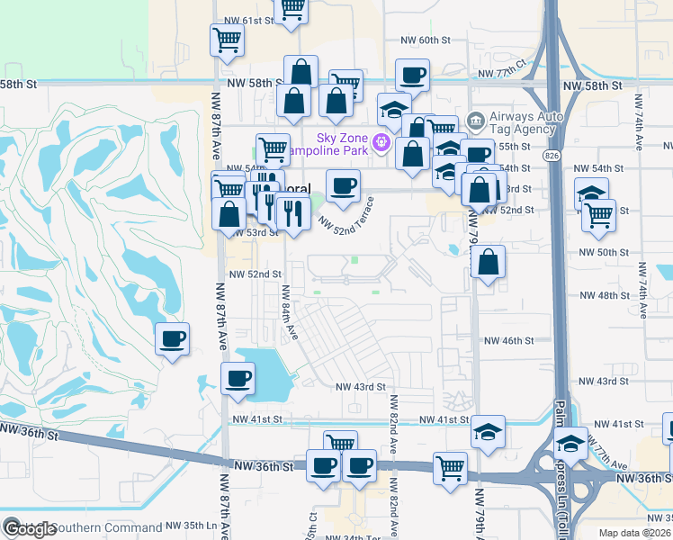 map of restaurants, bars, coffee shops, grocery stores, and more near 8333 Lake Drive in Doral