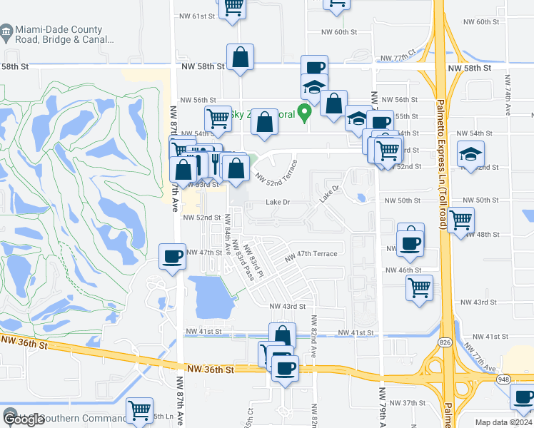 map of restaurants, bars, coffee shops, grocery stores, and more near 8333 Lake Drive in Doral