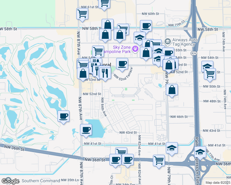 map of restaurants, bars, coffee shops, grocery stores, and more near 8333 Lake Drive in Doral