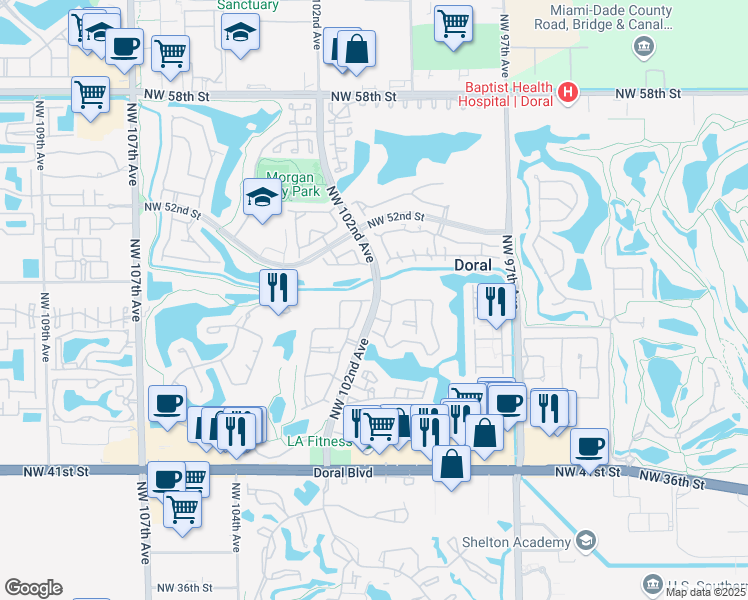 map of restaurants, bars, coffee shops, grocery stores, and more near 4900 Northwest 99th Place in Doral