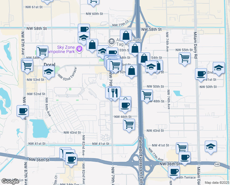 map of restaurants, bars, coffee shops, grocery stores, and more near 4851 Northwest 79th Avenue in Doral