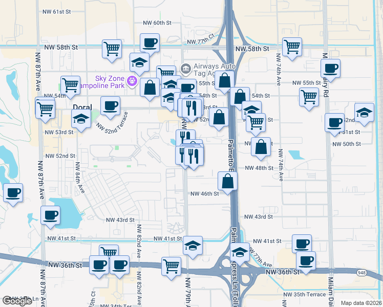 map of restaurants, bars, coffee shops, grocery stores, and more near 4851 Northwest 79th Avenue in Doral