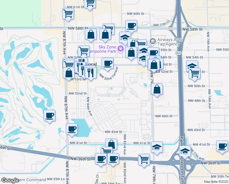 map of restaurants, bars, coffee shops, grocery stores, and more near 8255 Lake Drive in Doral