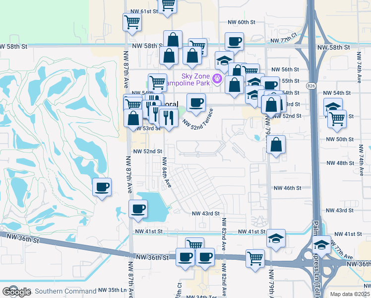 map of restaurants, bars, coffee shops, grocery stores, and more near 8333 Lake Drive in Doral