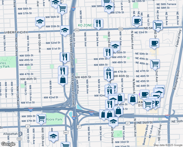 map of restaurants, bars, coffee shops, grocery stores, and more near 4605 Northwest 5 Avenue in Miami