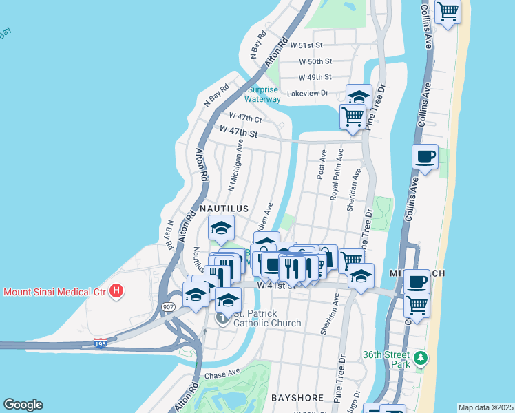 map of restaurants, bars, coffee shops, grocery stores, and more near 4477 Adams Avenue in Miami Beach