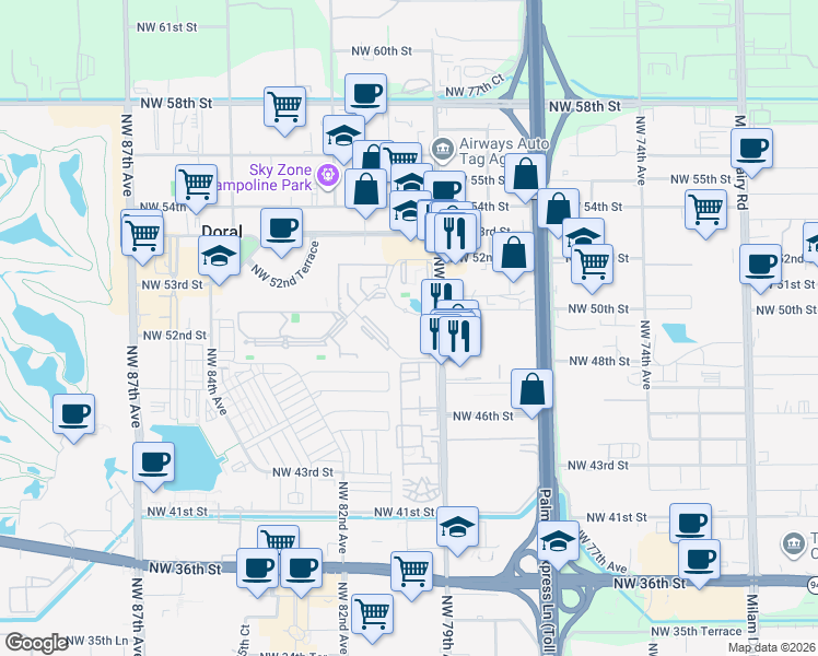 map of restaurants, bars, coffee shops, grocery stores, and more near 4810 Northwest 79th Avenue in Doral