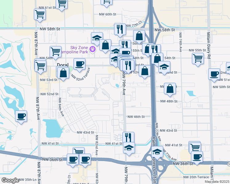 map of restaurants, bars, coffee shops, grocery stores, and more near 4910 Northwest 79th Avenue in Miami