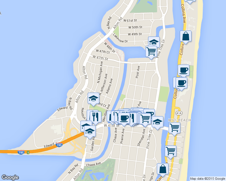 map of restaurants, bars, coffee shops, grocery stores, and more near 4485 Meridian Avenue in Miami Beach