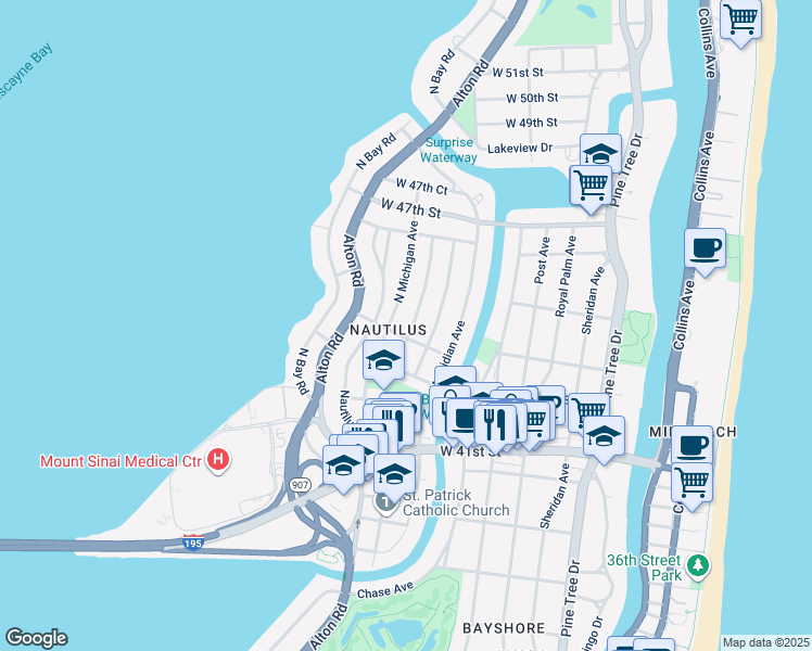 map of restaurants, bars, coffee shops, grocery stores, and more near 4425 North Michigan Avenue in Miami Beach