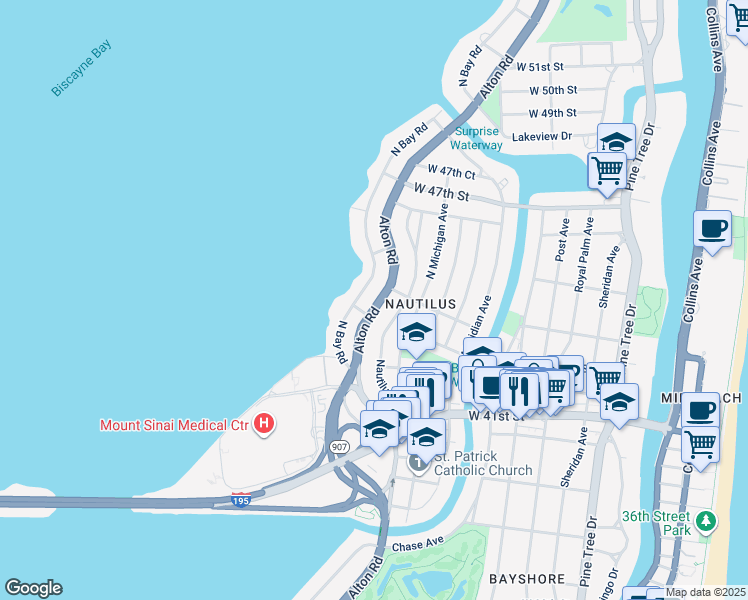 map of restaurants, bars, coffee shops, grocery stores, and more near 4416 Nautilus Drive in Miami Beach