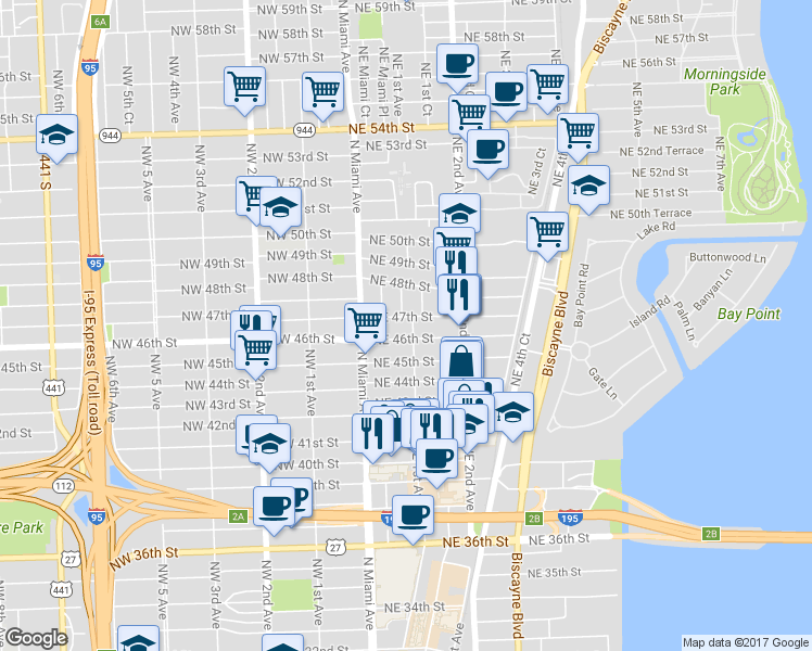 map of restaurants, bars, coffee shops, grocery stores, and more near 55 Northeast 46th Street in Miami