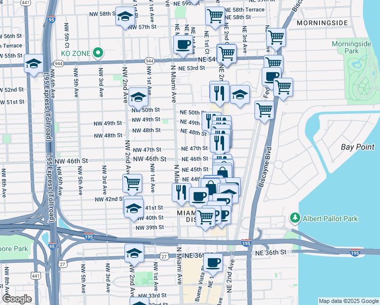 map of restaurants, bars, coffee shops, grocery stores, and more near 55 Northeast 46th Street in Miami