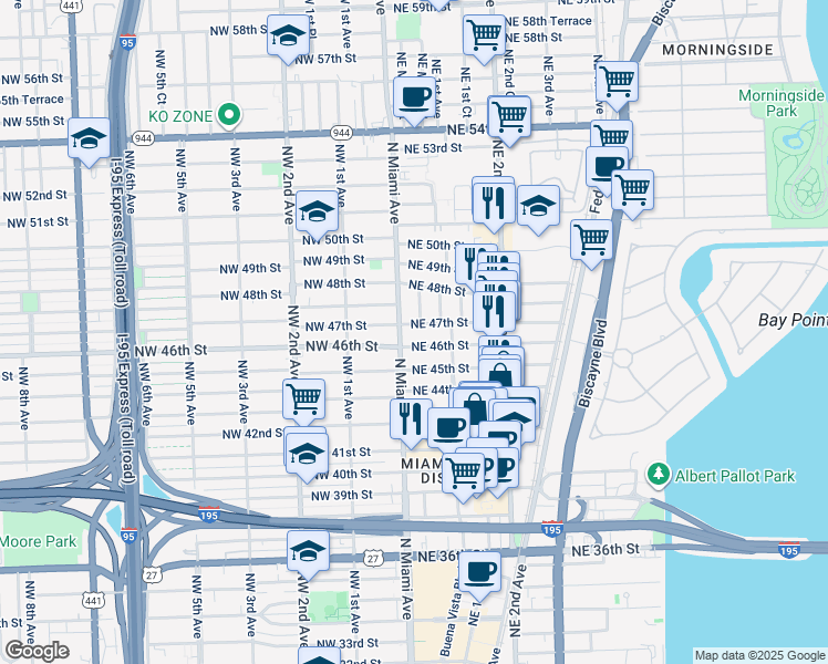 map of restaurants, bars, coffee shops, grocery stores, and more near 55 Northeast 46th Street in Miami