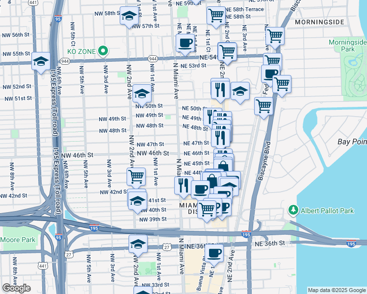 map of restaurants, bars, coffee shops, grocery stores, and more near 55 Northeast 46th Street in Miami