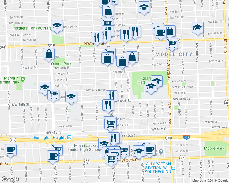map of restaurants, bars, coffee shops, grocery stores, and more near 4656 Northwest 15th Court in Miami
