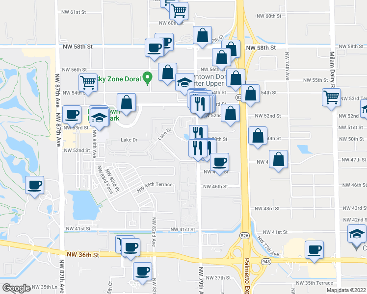 map of restaurants, bars, coffee shops, grocery stores, and more near 4810 Northwest 79th Avenue in Doral