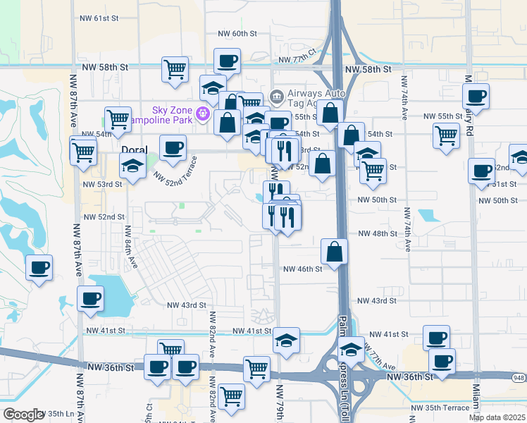 map of restaurants, bars, coffee shops, grocery stores, and more near 4810 Northwest 79th Avenue in Doral