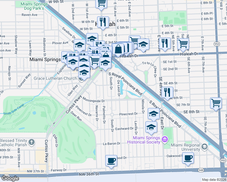 map of restaurants, bars, coffee shops, grocery stores, and more near 181 South Drive in Miami Springs