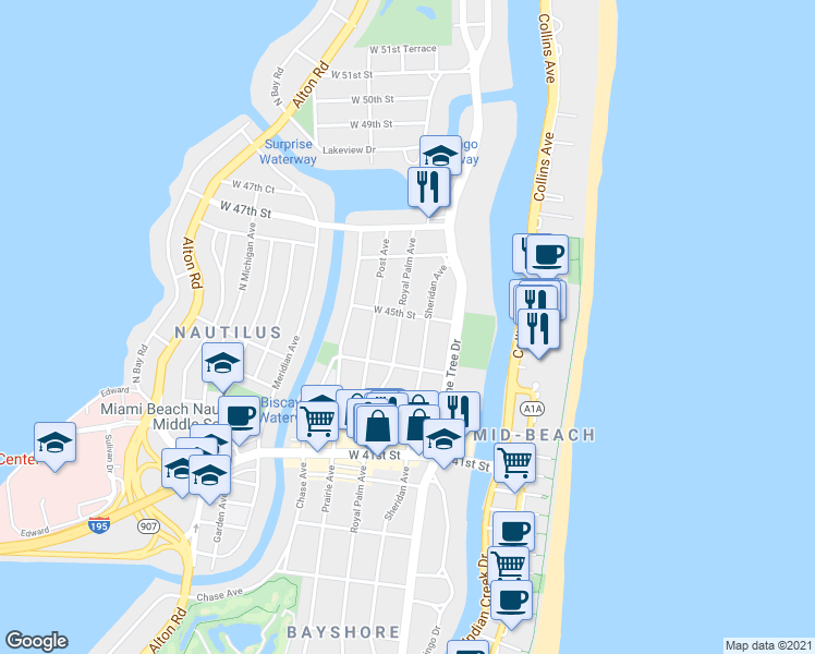 map of restaurants, bars, coffee shops, grocery stores, and more near 4471 Royal Palm Avenue in Miami Beach