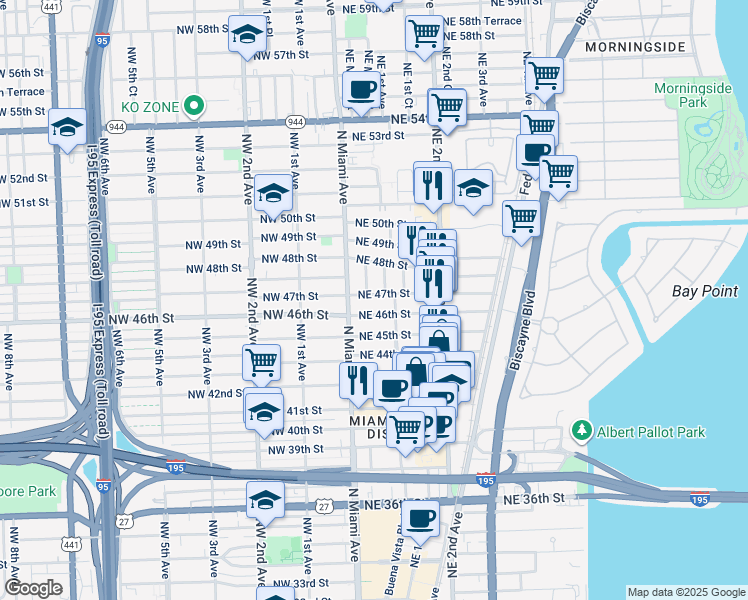 map of restaurants, bars, coffee shops, grocery stores, and more near 55 Northeast 46th Street in Miami