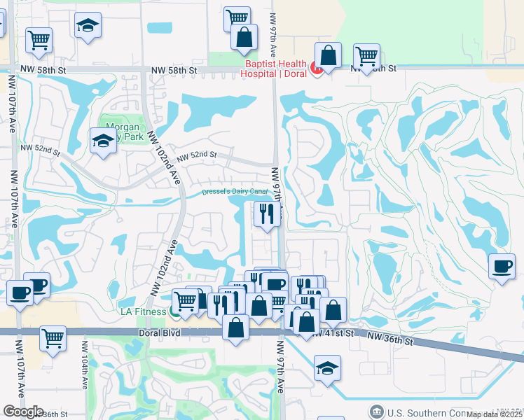 map of restaurants, bars, coffee shops, grocery stores, and more near 4869 Northwest 97th Place in Doral