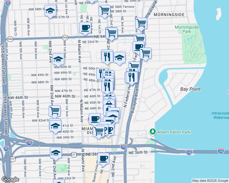 map of restaurants, bars, coffee shops, grocery stores, and more near 201 Northeast 46th Street in Miami