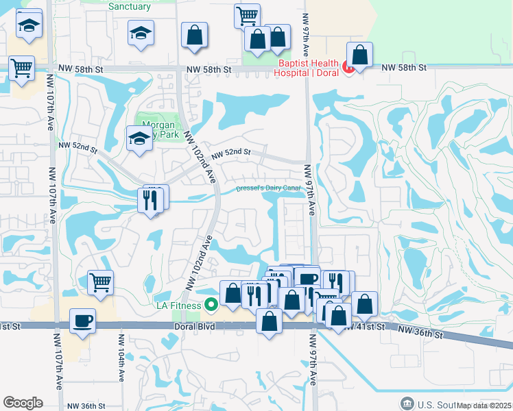 map of restaurants, bars, coffee shops, grocery stores, and more near 4835 Northwest 98th Place in Doral