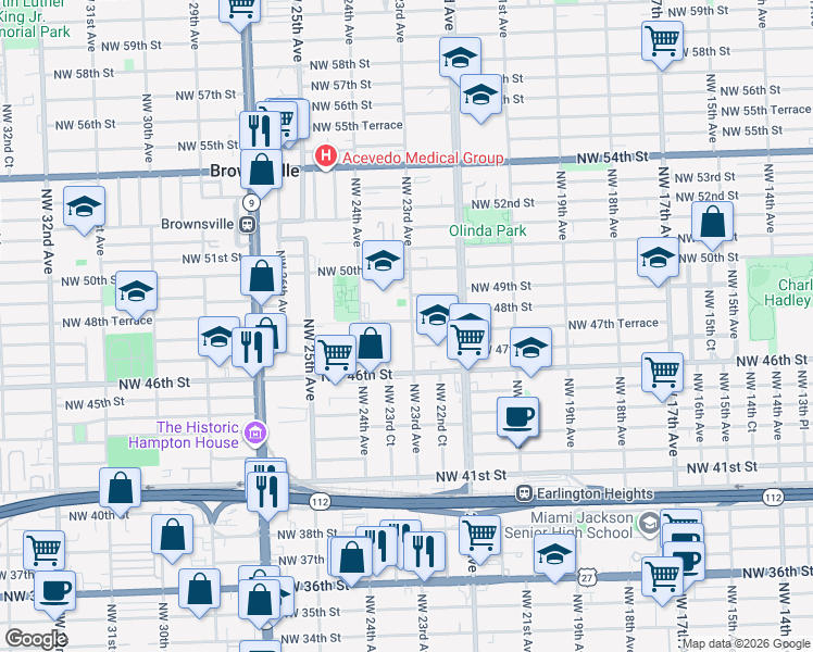 map of restaurants, bars, coffee shops, grocery stores, and more near 4649 Northwest 23rd Court in Miami