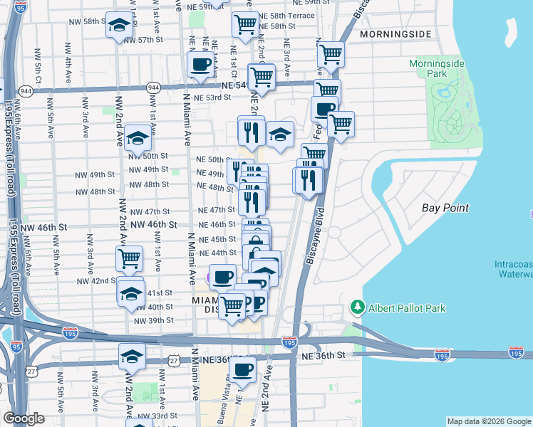 map of restaurants, bars, coffee shops, grocery stores, and more near 201 Northeast 46th Street in Miami