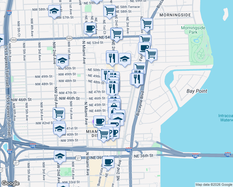 map of restaurants, bars, coffee shops, grocery stores, and more near 201 Northeast 46th Street in Miami