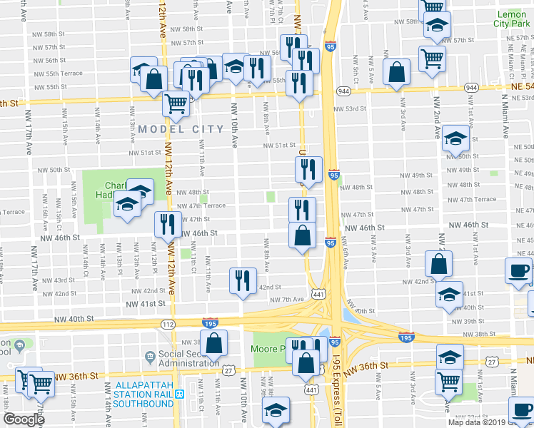 map of restaurants, bars, coffee shops, grocery stores, and more near 780 Northwest 47th Street in Miami