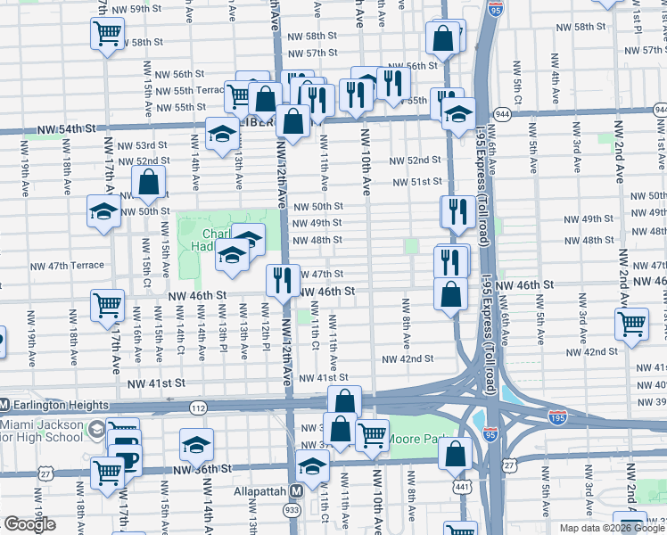 map of restaurants, bars, coffee shops, grocery stores, and more near 4631 Northwest 11th Avenue in Miami