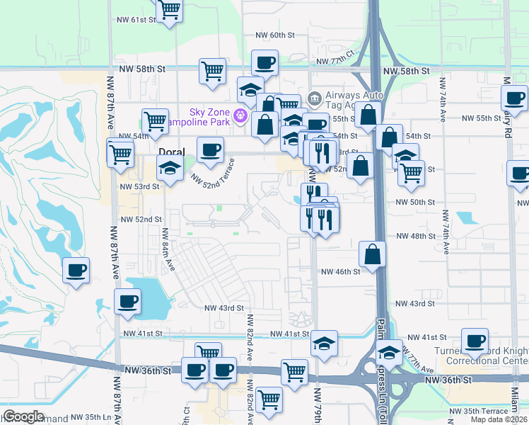 map of restaurants, bars, coffee shops, grocery stores, and more near 8100 Geneva Court in Doral
