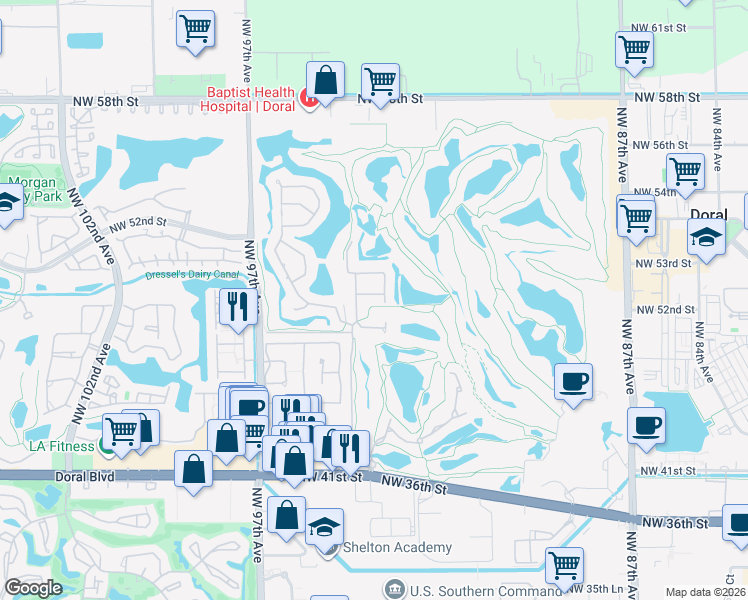 map of restaurants, bars, coffee shops, grocery stores, and more near 4953 Northwest 93rd Doral Place in Doral