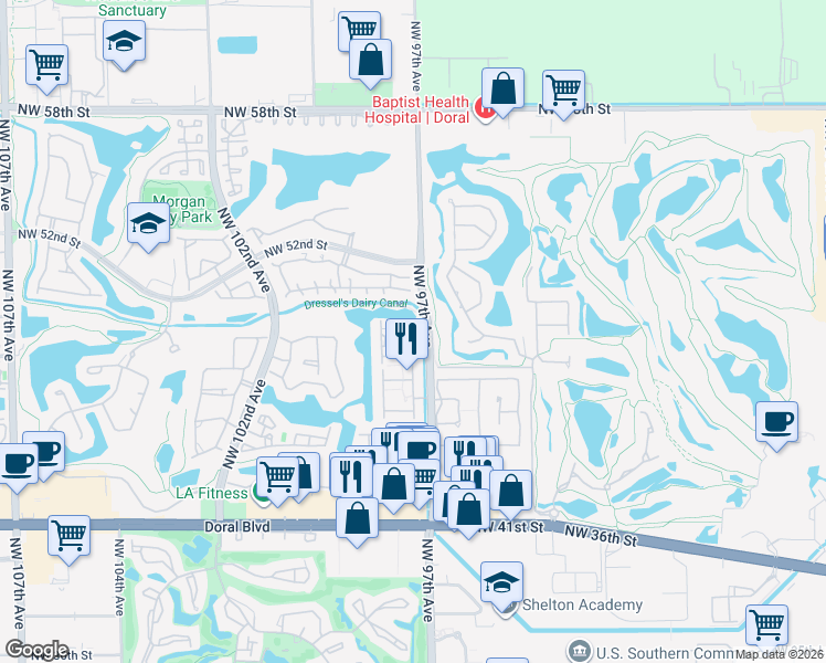 map of restaurants, bars, coffee shops, grocery stores, and more near 4873 Northwest 97th Court in Doral