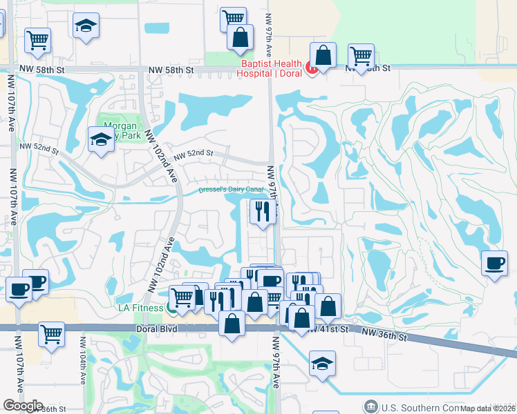 map of restaurants, bars, coffee shops, grocery stores, and more near 4869 Northwest 97th Place in Doral