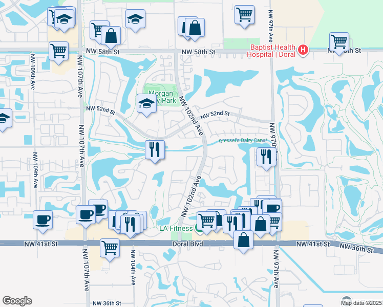 map of restaurants, bars, coffee shops, grocery stores, and more near 4970 Northwest 102nd Avenue in Doral