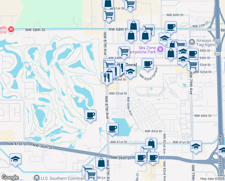 map of restaurants, bars, coffee shops, grocery stores, and more near 5252 Northwest 85th Avenue in Doral