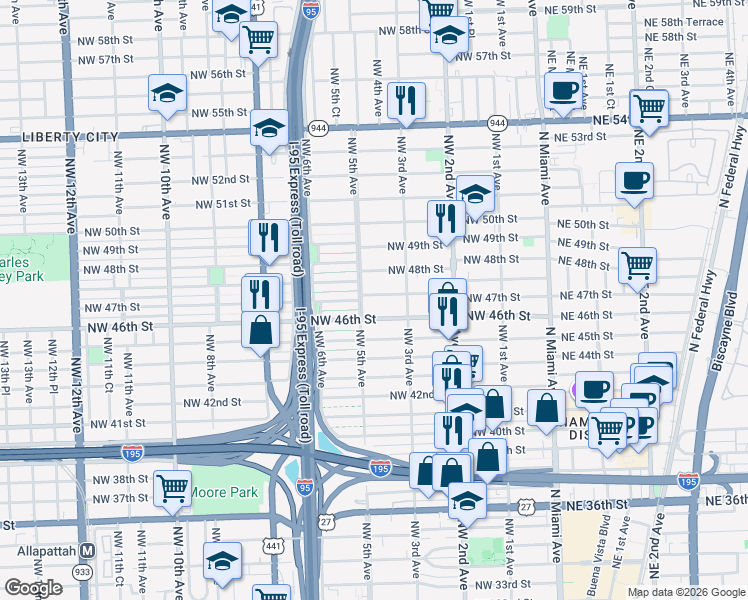 map of restaurants, bars, coffee shops, grocery stores, and more near 4605 Northwest 5 Avenue in Miami