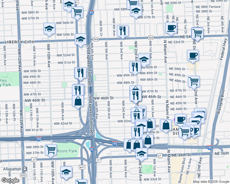 map of restaurants, bars, coffee shops, grocery stores, and more near 4605 Northwest 5 Avenue in Miami