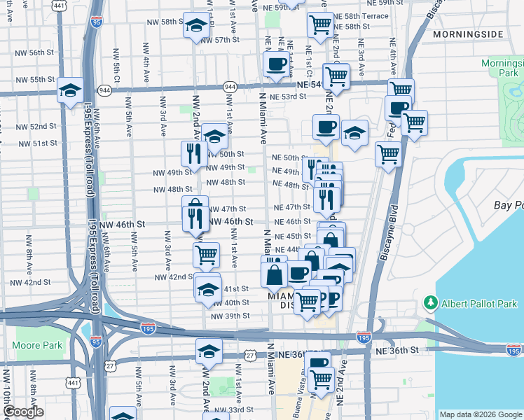 map of restaurants, bars, coffee shops, grocery stores, and more near in Miami