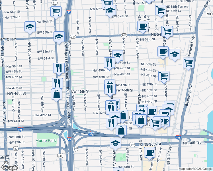 map of restaurants, bars, coffee shops, grocery stores, and more near 235 Northwest 46th Street in Miami